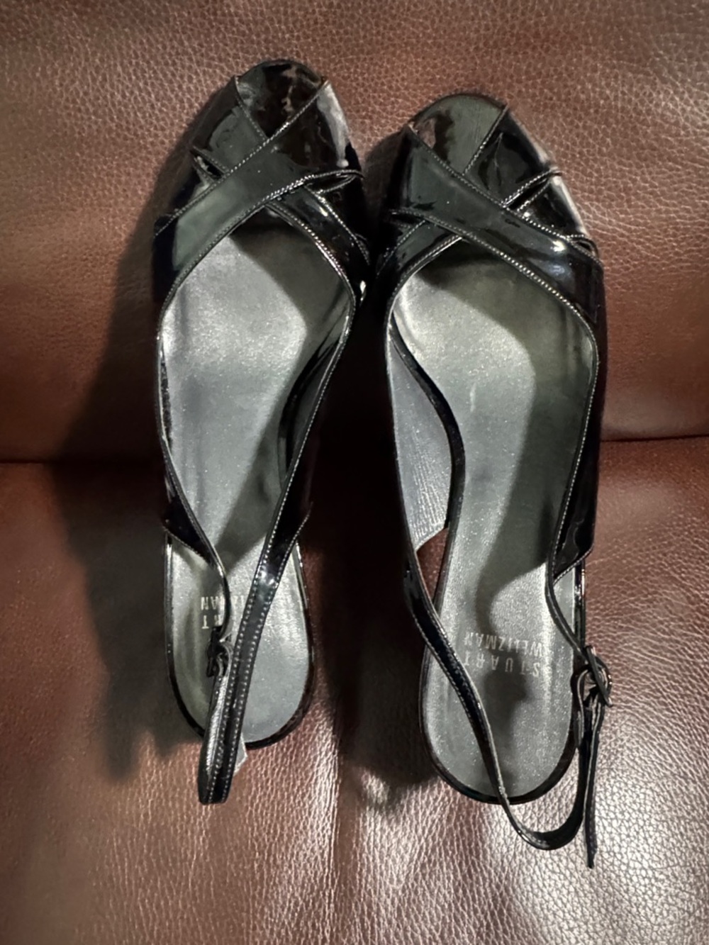 Stuart Weitzman Black Patent Crisscross Slingback Heels